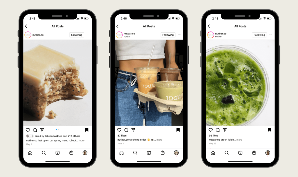 Three phones side by side that show different photos: a lemon bar, a girl holding three smoothies, and a flat lay of a smoothie. 
