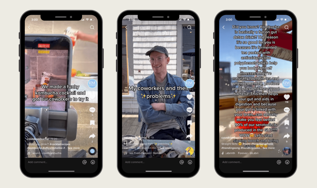 Three phones next to each other that show screenshots of a brand's tiktok featuring their kombucha products