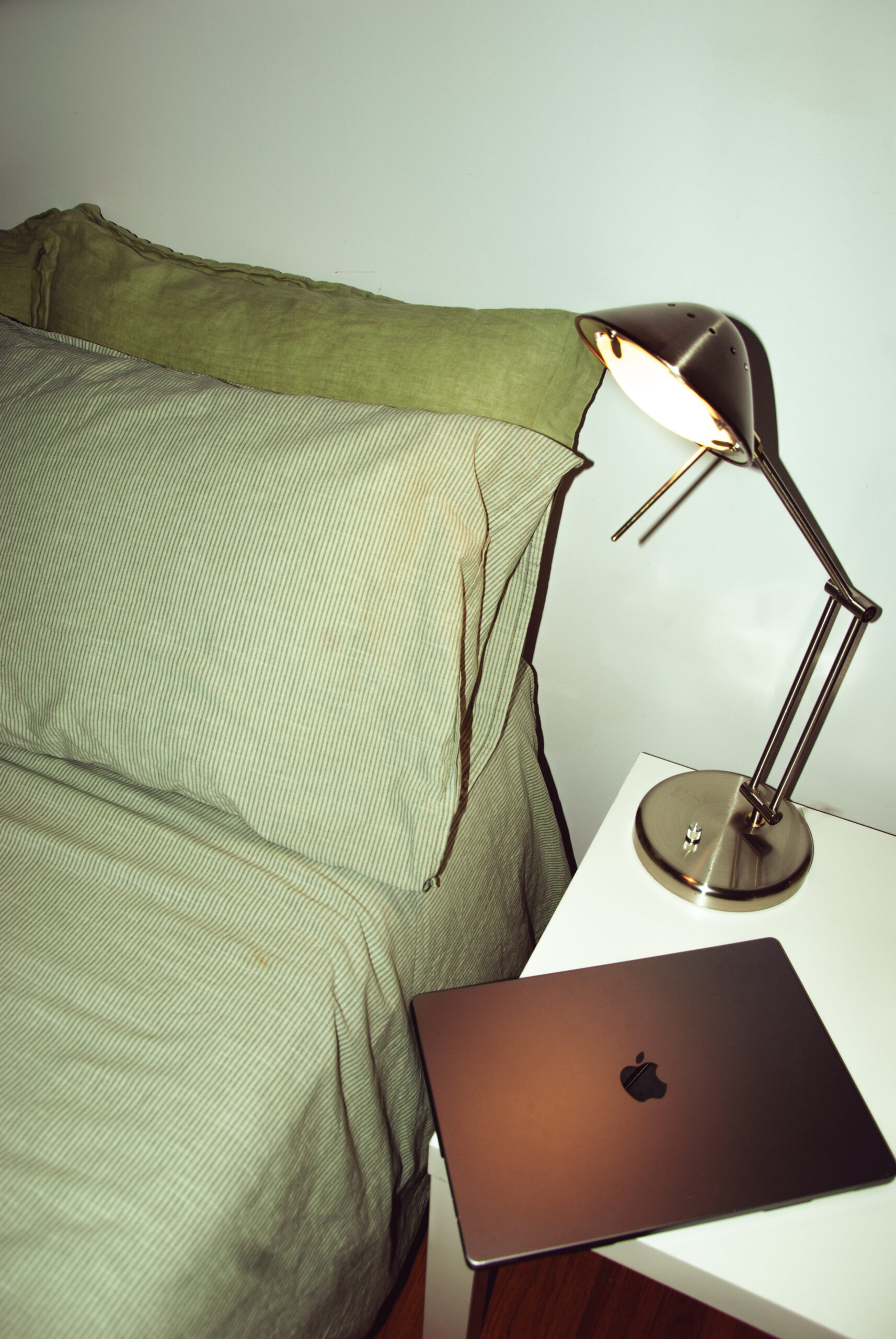 CPG social media strategist from Seen & Shared Marketing's laptop on a green bed.